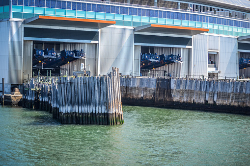 New York, NY - June 30, 2018: Terminal ferry docks ready for an arrival of the Staten Island Ferry in Battery Park Manhattan NYC on a sunny day