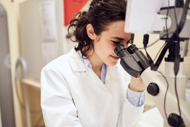 Female scientist is busy in a research lab. Young female science student looking thorugh the microscope in the laboratory stock photo