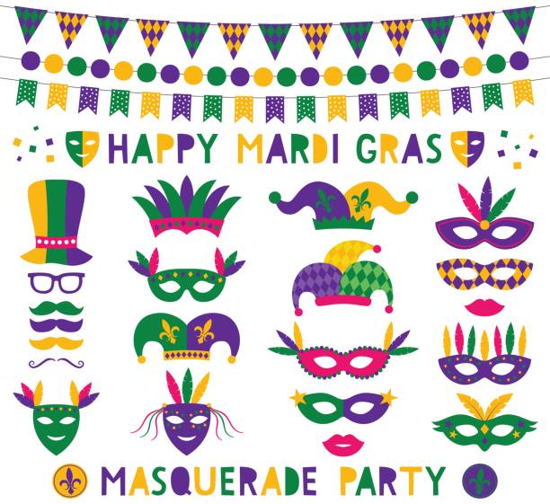ilustraciones, imágenes clip art, dibujos animados e iconos de stock de decoración de mardi gras vector y apoyos de la cabina de la foto de partido - flag pennant party carnival
