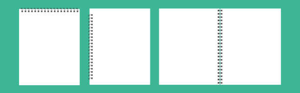 ilustraciones, imágenes clip art, dibujos animados e iconos de stock de un conjunto de plantillas para álbumes, libretas con espiral de metal. realista cuaderno abierto aislado en un fondo verde - spiral notebook spiral ring binder blank