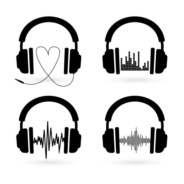 ilustraciones, imágenes clip art, dibujos animados e iconos de stock de auriculares. set de auriculares con el icono de la onda acústica - bluetooth wlan symbol computer icon