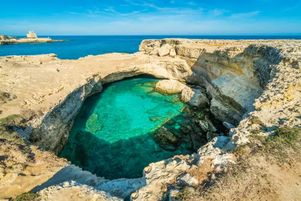 Photo of The famous Grotta della Poesia, province of Lecce, in the Salento region of Puglia, southern Italy.