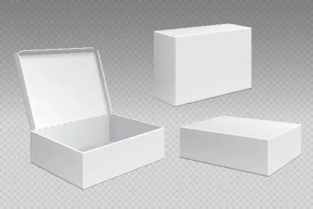 Vector illustration of Realistic packaging boxes. White open cardboard pack, blank merchandising products mock up. Carton square container template