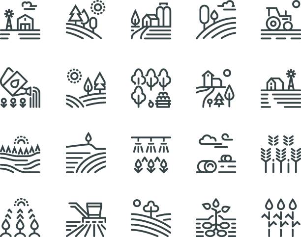 Farming landscape line icons. Rural houses, planting vegetables and wheat fields, cultivated crops. Agriculture pictograms Farming landscape line icons. Rural houses, planting vegetables and wheat fields, cultivated crops. Agriculture vector pictograms ground culinary stock illustrations