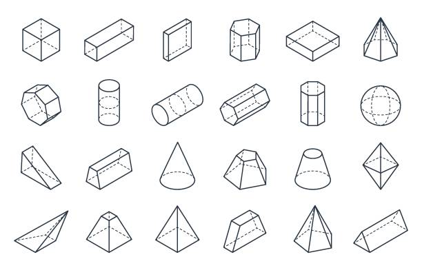 ilustraciones, imágenes clip art, dibujos animados e iconos de stock de formas geométricas 3d. formas lineales isométricas, cubo de objetos de polígono bajo cono cilindro pirámide. isométrica de un mínimo de vectores - músculo oblicuo