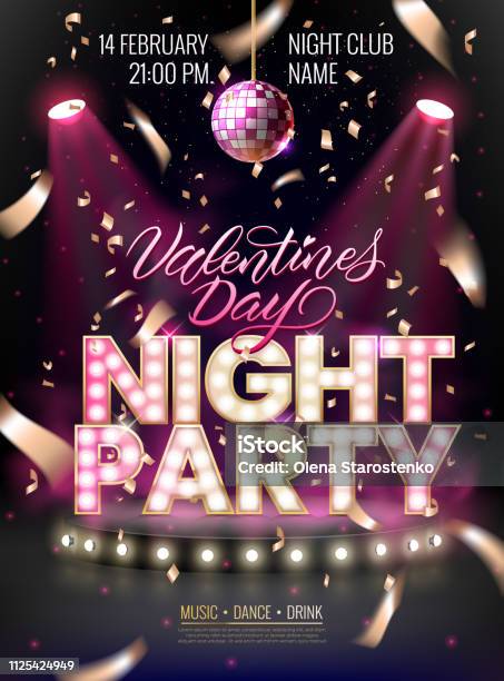 チラシバナー広告ディスコ ナイト パーティーへの招待の夜パーティーの背景バレンタインの日のイベントですスポット ライトミラーボールに照らされたシーン - パーティーのベクターアート素材や画像を多数ご用意