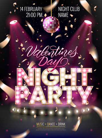 Night party background for flyer, banner, advertisement, invitation to disco night party.Valentines Day event. Scene illuminated by spotlights and disco ball