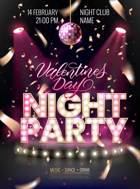 Vector illustration of Night party background for flyer, banner, advertisement, invitation to disco night party.Valentines Day event. Scene illuminated by spotlights and disco ball