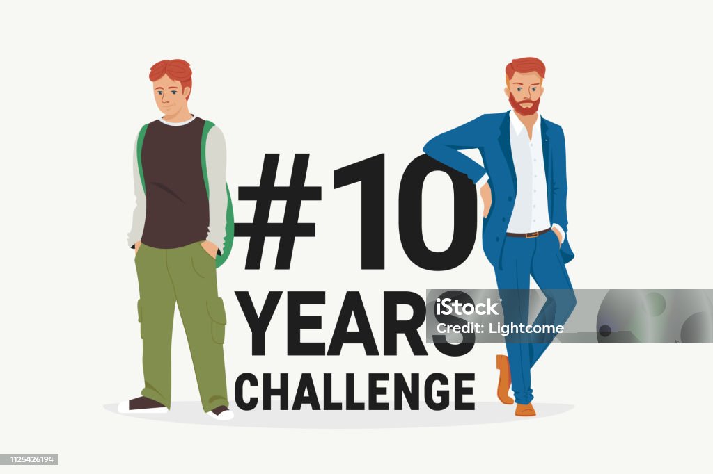 Hashtag 10 years chllenge concept flat vector illustration of young men standing near letters comparing the appearance Hashtag 10 years challenge concept flat vector illustration of young men standing near letters comparing the appearance and lifestyle before and after ten years 10-11 Years stock vector