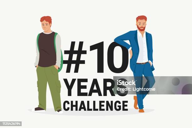 Hashtag 10 Years Chllenge Concept Flat Vector Illustration Of Young Men Standing Near Letters Comparing The Appearance Stock Illustration - Download Image Now