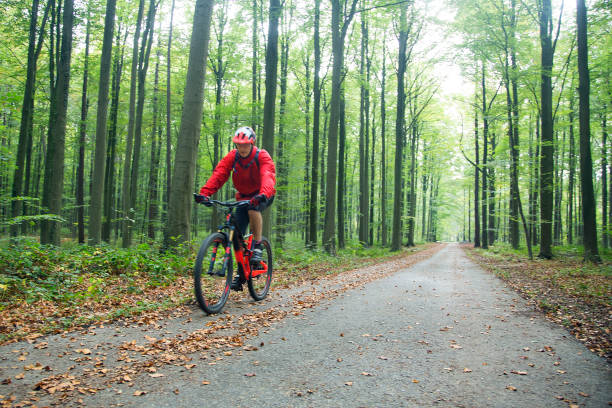 DSLR full frame morning light outdoor image of a mature man with blond hair cycles in a forest in Germany