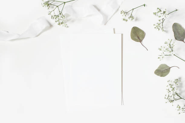 istock Feminine wedding styled desktop stationery mockup scene. Blank greeting card, envelope, baby's breath Gypsophila flowers, dry green eucalyptus leaves, satin ribbon on white background. Flat lay, top. 1125431709