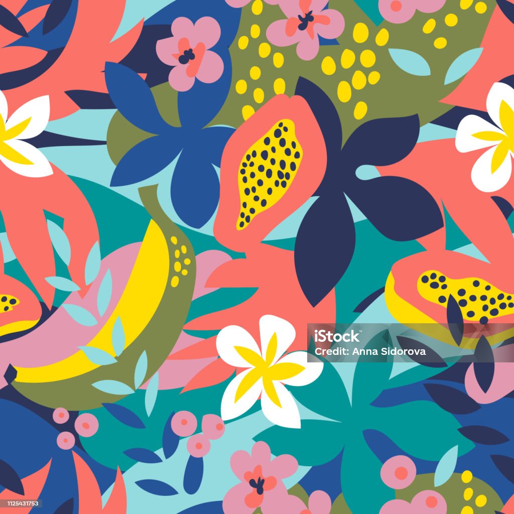 Vector pattern Collage floral seamless pattern with exotic jungle fruits and plants in trendy colors. Vector modern illustration. Pattern stock vector