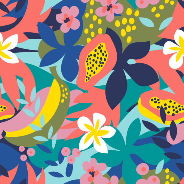 Vector pattern Collage floral seamless pattern with exotic jungle fruits and plants in trendy colors. Vector modern illustration. banana illustrations stock illustrations