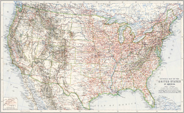 북아메리카 지도 - cartography map retro revival usa stock illustrations