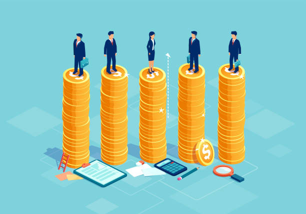 Gender equality and equal opportunities in corporate business concept Gender equality and equal opportunities in corporate business concept. Vector with businessmen and businesswoman on same pile of money. wages illustrations stock illustrations