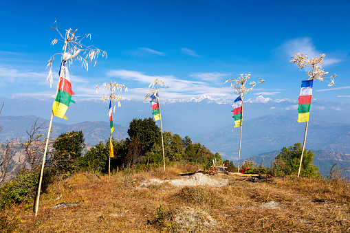 Landscape with Prayer Flags and Himalayas Mountain Range, Nepal