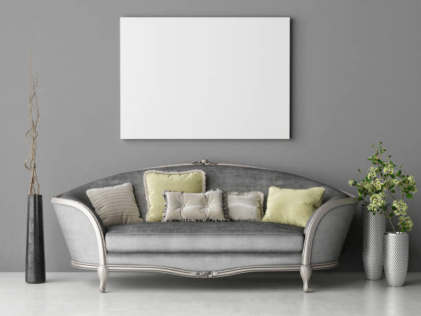 Mock up poster with flowers decoration composition on gray wall