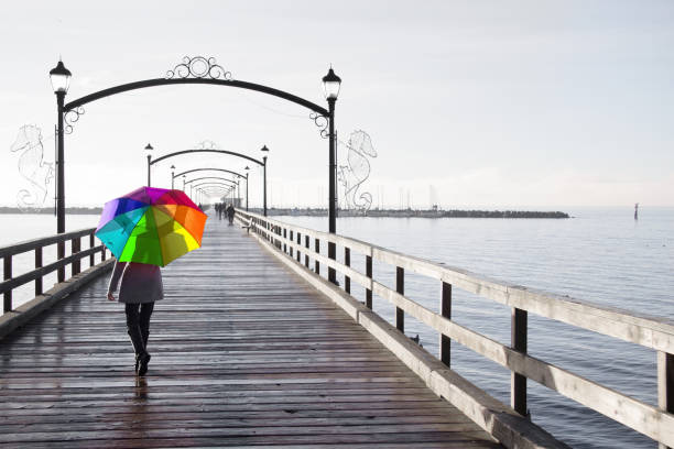 kobieta trzymająca tęczowy parasol chodzący w deszczowy dzień. - rainbow harbor zdjęcia i obrazy z banku zdjęć