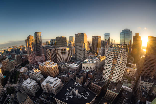 fisheye blick auf skyline von boston - clear sky urban scene boston massachusetts stock-fotos und bilder