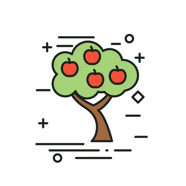 Vector illustration of Apple Orchard Agriculture And Farming Thin Line Icons