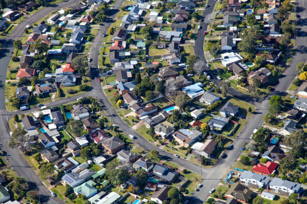 aerial view residential suburb in Newcastle New South Wales Australia An aerial view of residential suburb in Newcastle - NSW Australia. Shows a typical Australian residential area. newcastle new south wales stock pictures, royalty-free photos & images