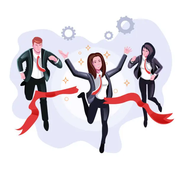 Vector illustration of Office worker business woman character winner crossing finish lint. Team competition corporate concept. Vector flat cartoon graphic design illustration