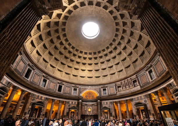 The Pantheon dome architectural details, ancient Roman temple and church in Rome, Italy
