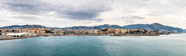 Panorama from the harbor and the city of Genoa in Italy.