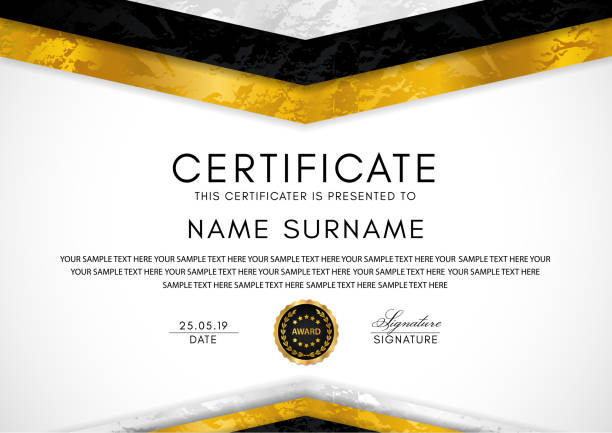 Certificate template with geometry frame and gold badge. White background design for Diploma Certificate of appreciation, achievement, completion, of excellence, award bachelor's degree stock illustrations