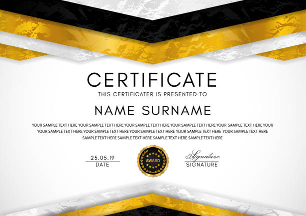 Certificate template with geometry frame and gold badge. Black background Design for Diploma, certificate of appreciation, achievement, completion, of excellence, award bachelor's degree stock illustrations
