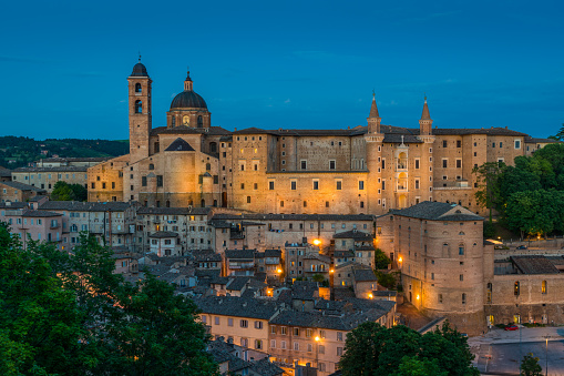 Panorama in Urbino in the evening, city and World Heritage Site in the Marche region of Italy.