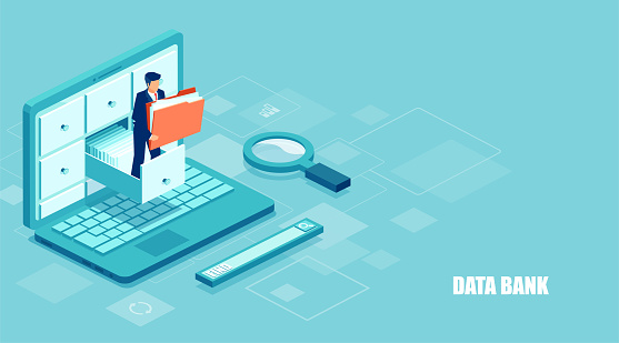 Isometric concept of database. Vector of a businessman holding a folder with documents from the archive managing online digital database