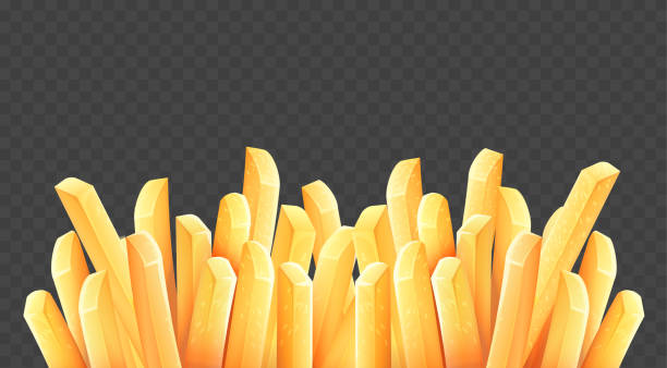 French fries. Roasted potato chips. Vector illustration. French fries. Roasted potato chips in deep fat fry oil potatoes. Yellow sticks. Fastfood. Unhealthy tasty food. Horizontal banner, isolated on dark transparent background. Eps10 vector illustration. nuggets heat stock illustrations