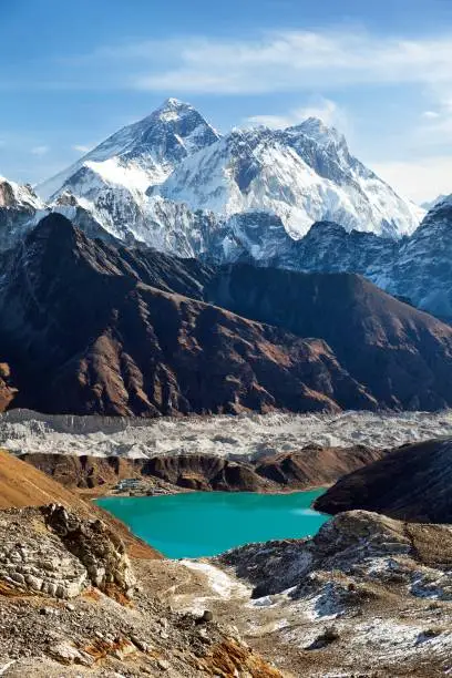 View of Everest, Lhotse, Ngozumba glacier and Gokyo Lake from Renjo La pass - way to Everest Base Camp, Three passes trek, Khumbu valley, Sagarmatha national park, Nepal himalayas mountains