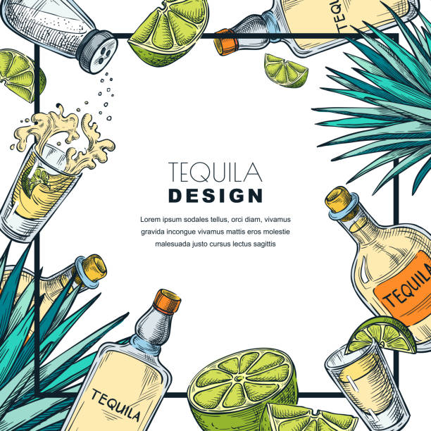 stockillustraties, clipart, cartoons en iconen met tequila label ontwerpsjabloon. schets vectorillustratie. bar menuachtergrond wit frame - proeven