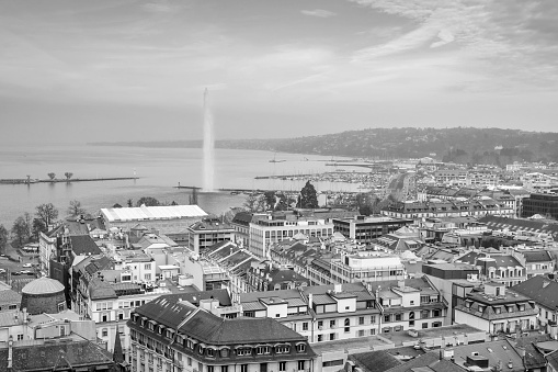 Top view of Geneva skyline from the Cathedral of Saint-Pierre in Switzerland