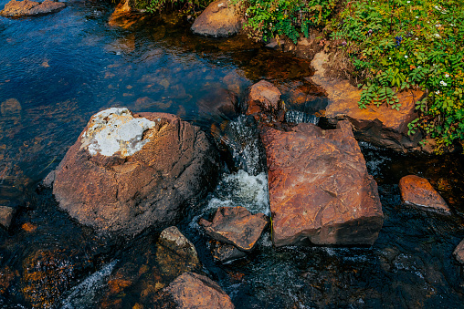 Smooth stones in spring water near rich mountain flora closeup. Clean water flow among red and orange stones. Natural background of spring stream, beautiful vegetation. Wet stones in creek. Copy space