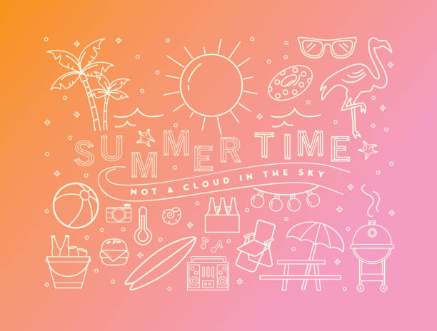 ilustrações de stock, clip art, desenhos animados e ícones de summer banner design with text and summer line art icons - summer party drink umbrella concepts