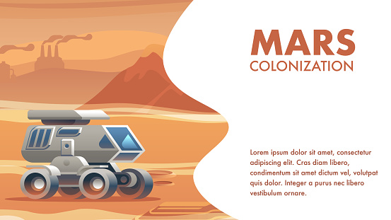 illustration allterrain vehicle sandy surface mars. banner vector mars colonization astronaut. travel to explore new horizon red planet. conquest new world. scientific discovery space. City Silhouette