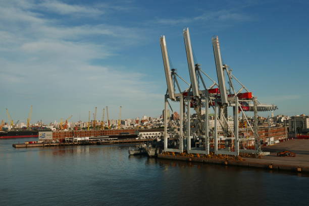Montevideo, Uruguay -  6 January 2019: The commercial dock in the northern part of the Old City of Montevideo, Uruguay is one of the major ports of South America and plays a very important role in the economy of Uruguay. The port on the shore of the River Plate is the most advanced container terminal in the region.