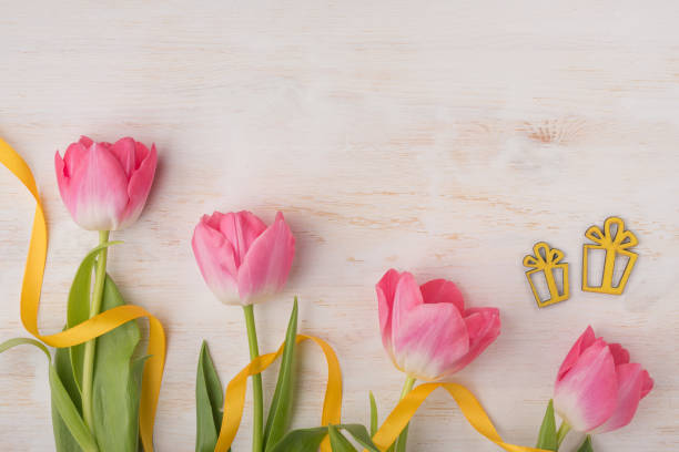 istock tulips and gifts on a paper texture 1125495964