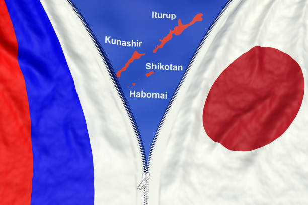 Zipper separates or connects flags of Japan and Russia to reveal or hide the disputed Kuril islands relations between countries, northern territories problem and a peace treaty concept, 3d render kunashir island stock pictures, royalty-free photos & images