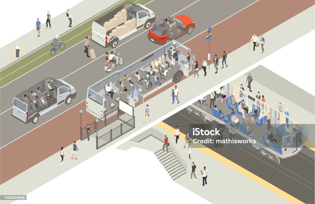 Transportation cutaway Modes of urban transportation are shown in this cutaway illustration, revealing drivers and passengers of a subway, metro bus, shuttle van, motorbike, bicycle, and a private sport utility vehicle. Pedestrians, sidewalks, a bus lane, a bike lane, and a parking lane are seen along the street, and stairs reveal the pathway down to the subway station. Vehicles are generic; no specific manufacturers are represented. Isometric Projection stock vector