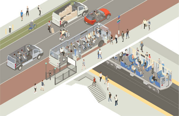 Transportation cutaway Modes of urban transportation are shown in this cutaway illustration, revealing drivers and passengers of a subway, metro bus, shuttle van, motorbike, bicycle, and a private sport utility vehicle. Pedestrians, sidewalks, a bus lane, a bike lane, and a parking lane are seen along the street, and stairs reveal the pathway down to the subway station. Vehicles are generic; no specific manufacturers are represented. public transportation illustrations stock illustrations
