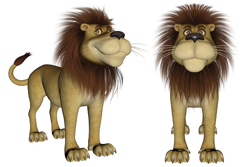 Pair of cartoon lions isolated on white, 3d render.