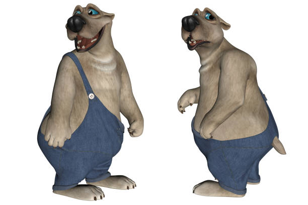 Big white polar cartoon bears wearing overalls isolated on white, 3d render.