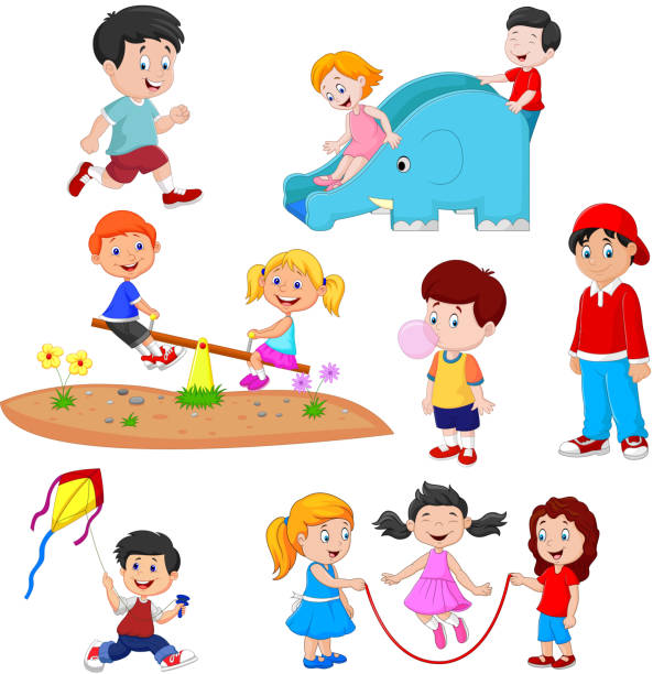 ilustraciones, imágenes clip art, dibujos animados e iconos de stock de niños caricatura jugando - balloon blowing inflating child