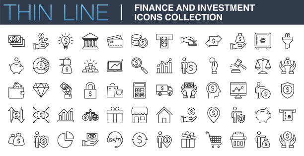 illustrazioni stock, clip art, cartoni animati e icone di tendenza di collezione icone finanza e investimenti - finanza immagine