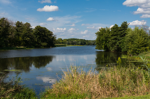 Blue skies and clouds over the DuPage River on a Summer morning.  Channahon State Park, Illinois, USA